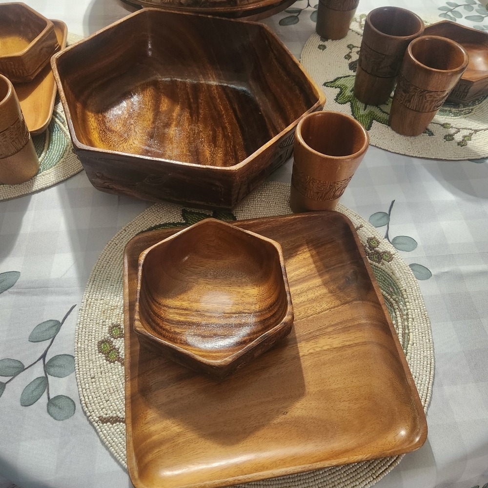 Vintage Hand-Carved Philippine Acacia Wood Dinnerware Set